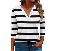 3/4 Length Sleeve Womens Tops Trendy Striped Tshirts Blouses for Women Dressy Casual Summer V-Neck Tunic Shirts (B#black, XL)