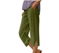 3/4 Length Trousers for Women UK Cotton Linen Lounge Pants Ladies Capri Pants Elasticated Waist Summer Cropped Trousers Three Quarter Length Loose Fit Pull On Bottoms with Pockets Army Green