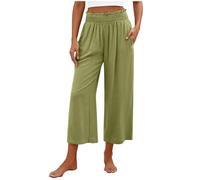 3/4 Length Trousers for Women UK Petite Comfy Cotton Linen Capri Pants Stretch Elasticated Waist Summer Cropped Trousers Straight Wide Leg Lounge Yoga Beach Pants with Pockets Holiday Vacation