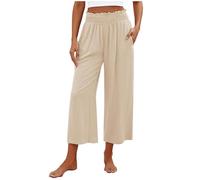 3/4 Length Trousers for Women UK Petite Comfy Cotton Linen Capri Pants Stretch Elasticated Waist Summer Cropped Trousers Straight Wide Leg Lounge Yoga Beach Pants with Pockets Holiday Vacation