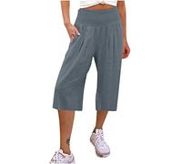 3/4 Length Trousers for Women UK Petite Comfy Cotton Linen Ladies Capri Pants Stretch Elasticated Waist Summer Cropped Trousers Wide Leg Lounge Yoga Beach Pants with Pockets Clearance