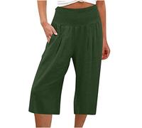 3/4 Length Trousers for Women UK Petite Comfy Cotton Linen Ladies Capri Pants Stretch Elasticated Waist Summer Cropped Trousers Wide Leg Lounge Yoga Beach Pants with Pockets Sale Clearance