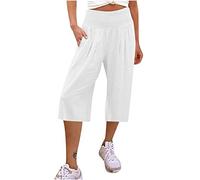 3/4 Length Trousers for Women UK Petite Comfy Cotton Linen Ladies Capri Pants Stretch Elasticated Waist Summer Cropped Trousers Wide Leg Lounge Yoga Beach Pants with Pockets Sale Clearance