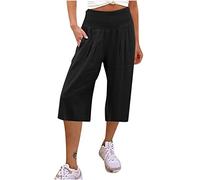 3/4 Length Trousers for Women UK Petite Comfy Cotton Linen Ladies Capri Pants Stretch Elasticated Waist Summer Cropped Trousers Wide Leg Lounge Yoga Beach Pants with Pockets Sale Clearance
