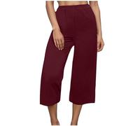 3/4 Length Trousers for Women UK Wide Leg Petite Comfy Cotton Linen Ladies Capri Pants Stretch Elasticated Waist Summer Cropped Trousers Going Out Baggy Yoga Beach Pants with Pockets Wine
