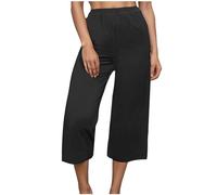 3/4 Length Trousers for Women UK Wide Leg Petite Comfy Cotton Linen Ladies Capri Pants Stretch Elasticated Waist Summer Cropped Trousers Going Out Baggy Yoga Beach Pants with Pockets Sale Black