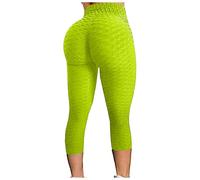 3/4 Length Womens Leggings High Waist Yoga Pants Famous TIK_TOK Butt Lift Tummy Control Scrunch Bubble Honeycomb Anti Cellulite Hip Lifting Workout Fitness Running Cropped Trousers Green