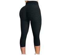 3/4 Length Womens Leggings High Waist Yoga Pants Famous TIK_TOK Butt Lift Tummy Control Scrunch Bubble Honeycomb Anti Cellulite Hip Lifting Workout Fitness Running Cropped Trousers Black