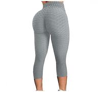 3/4 Length Womens Leggings High Waist Yoga Pants Famous TIK_TOK Butt Lift Tummy Control Scrunch Bubble Honeycomb Anti Cellulite Hip Lifting Workout Fitness Running Cropped Trousers Gray