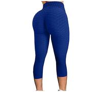 3/4 Length Womens Leggings High Waist Yoga Pants Famous TIK_TOK Butt Lift Tummy Control Scrunch Bubble Honeycomb Anti Cellulite Hip Lifting Workout Fitness Running Cropped Trousers Blue