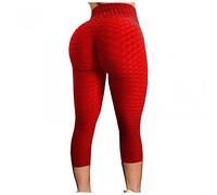 3/4 Length Womens Leggings High Waist Yoga Pants Famous TIK_TOK Butt Lift Tummy Control Scrunch Bubble Honeycomb Anti Cellulite Hip Lifting Workout Fitness Running Cropped Trousers Red