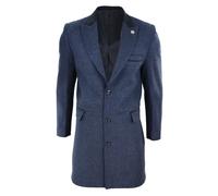 TruClothing Mens 3/4 Long Overcoat Jacket Herringbone Tweed Coat Fit Navy