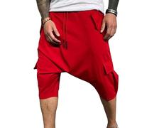 3/4 Mens Hippie Pants Drop Crotch Harem Shorts Genie Short Mens Capri Cotton Baggy Wide Leg Shorts Red XX-Large