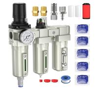 3/4" NPT Air Compressor Water Separator, Industrial Grade 3 Stage Air Drying System with 0-240 PSI Air Regulator, Particulate Filter, Coalescing Filter, Desiccant Dryer, Metal Bowl, Auto Drain