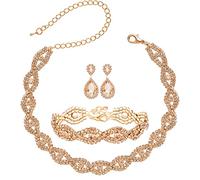 3/4 Pieces Women Jewelry Set Rhinestone Crystal Bride Statement Choker Necklace Tiara Crown Link Bangle Bracelet Teardrop Dangle Earrings Set for Wedding Party, Metal, Rhinestone