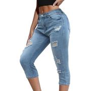 3/4 Ripped Jeans for Women UK Womens Cropped Denim Jeans 3/4 Length Blue