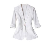 3/4 Sleeve Blazers for Women Petite Classic Striped Solid Colour Notch Lapel Collar Blazer with Pockets & One Button Casual Slim-Fit Office Work Suit Jackets Outerwear Coats White