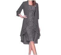 3/4 Sleeve Chiffon Dresses for Women UK with Cardigan Mother of The Bride Outfits Fake 2 Piece Set Beach Cover Up Set Casual Slim Fit Floral Evening Lace Dress Elegant Plus Size Cocktail Dreses
