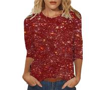 3/4 Sleeve Glittery Sequin Tops for Women Evening Tops Elegant Smart Long Sleeve T Shirt Sparkly Blouses Casual Sequin Party Tops Night Out Red Top Ladies Tunics to Wear with Leggings
