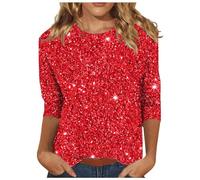 3/4 Sleeve Glittery Sequin Tops for Women Evening Tops Elegant Smart Long Sleeve T Shirt Sparkly Blouses Casual Sequin Party Tops Night Out Red Top Ladies Tunics to Wear with Leggings