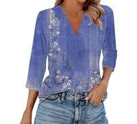 3/4 Sleeve Henley Shirts for Women Ladies Dressy Casual V-Neck Boho Floral Blouses Shirts Petite Plus Size Fall Going Out Tunic Tops to Wear with Leggings Blue