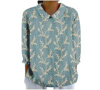 3/4 Sleeve Linen Tops for Women UK Green Boho Wedding Tshirt 2026 Travel Womens Essentials Top Summer Casual Tee Tshirt Ladies 2024 Floral Print Daily Tees Tunic Blouses (01-A-Blue, XL)