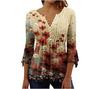 3/4 Sleeve Shirts for Women Bell V Neck Graphic T Shirts Button Pleated Boho Tops Elegant Vintage Floral Blouse, A36-yellow, S