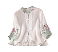 3/4 Sleeve Shirts for Women UK Elegant Floral Embroidered Blouse with Chinese Style Fold Button Lightweight Oriental Tops Ladies Traditional Chinese Clothing Vintage Ethnic Style Top White