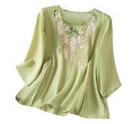 3/4 Sleeve Shirts for Women UK Elegant Floral Embroidered Blouse with Chinese Style Fold Button Lightweight Oriental Tops Ladies Traditional Chinese Clothing Vintage Ethnic Style Top Green