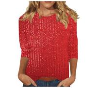 3/4 Sleeve Squin Top for Women Loose Glitter Tops Sparkle Sequin Top Crew Neck Long Sleeve Tunic Tops Glitter Party Tops Elegant Evening Top for Women UK Plus Size Casual Tees Sparkly T Shirts Red