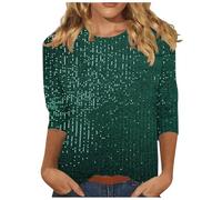 3/4 Sleeve Squin Top for Women Loose Glitter Tops Sparkle Sequin Top Crew Neck Long Sleeve Tunic Tops Glitter Party Tops Elegant Evening Top for Women UK Plus Size Casual Tees Sparkly T Shirts Green