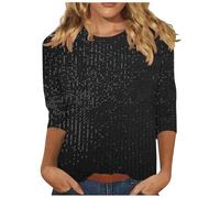3/4 Sleeve Squin Top for Women Loose Glitter Tops Sparkle Sequin Top Crew Neck Long Sleeve Tunic Tops Glitter Party Tops Elegant Evening Top for Women UK Plus Size Casual Tees Sparkly T Shirts Black