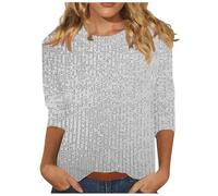 3/4 Sleeve Squin Top for Women Loose Glitter Tops Sparkle Sequin Top Crew Neck Long Sleeve Tunic Tops Glitter Party Tops Elegant Evening Top for Women UK Plus Size Casual Tees Sparkly T Shirts Silver