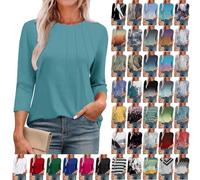 3/4 Sleeve Summer Tops for Women UK Sales Plus Size Ladies Pleated Vintage Printing Basic Tee Shirts Womens Round Neck Casual Tunic 3/4 Long Sleeve Tops Shirt Loose Fit 2025 New Daily Essential Gifts