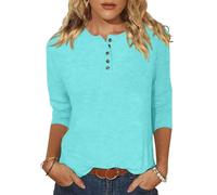 3/4 Sleeve T-Shirt for Women Button up Henley Neck Shirts Casual Loose-Fit Pullover Tops Base Layer Tees Three Quarter Length Sleeve Top Ladies Longline Blouses Plus Size S-3XL Light Blue