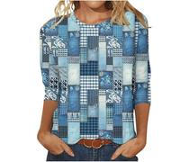 3/4 Sleeve T Shirts for Women Fashion Three Quarters Sleeve Blue Tees Loose Fit Crew Neck Printed Blouses Lightweight Comfortable Versatile Basic Fall Shirts 2024 Causal Clothes