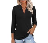 3/4 Sleeve T Shirts for Women Solid Colour V Neck Top Casual Turn Down Collar Plain T Shirt Slim Lightweight Three Quarters Sleeve Lapel Tshirt Going Out Top Workout Gym Work Office Daily Wear Black