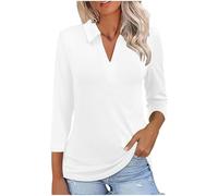 3/4 Sleeve T Shirts for Women Solid Colour V Neck Top Casual Turn Down Collar Plain T Shirt Slim Lightweight Three Quarters Sleeve Lapel Tshirt Going Out Top Workout Gym Work Office Daily Wear White