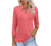3/4 Sleeve T Shirts for Women Solid Colour V Neck Top Casual Turn Down Collar Plain T Shirt Slim Lightweight Three Quarters Sleeve Lapel Tshirt Going Out Top Workout Gym Work Office Daily Wear Pink