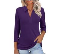 3/4 Sleeve T Shirts for Women Solid Colour V Neck Top Casual Turn Down Collar Plain T Shirt Slim Lightweight Three Quarters Sleeve Lapel Tshirt Going Out Top Workout Gym Work Office Daily Wear Purple