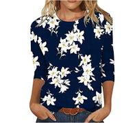 3/4 Sleeve T Shirts for Women Summer Round Neck Floral Printed Basic Tees Shirts Loose Comfy Casual Tshirts Trendy Three Quarter Length Sleeve Everyday Wear Tops Blouses