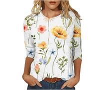3/4 Sleeve T Shirts for Women Summer Round Neck Floral Printed Basic Tees Shirts Loose Comfy Casual Tshirts Trendy Three Quarter Length Sleeve Everyday Wear Tops Blouses