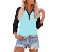 3/4 Sleeve T-Shirts for Women UK Elegant Button Henley V Neck Raglan Shirts Three Quarter Sleeve Casual Color Block Summer Plain Work Office Tunic Tops Basic Outfits 2026 Ladies Blouses