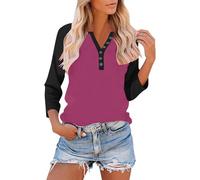 3/4 Sleeve T-Shirts for Women UK Elegant Button Henley V Neck Raglan Shirts Three Quarter Sleeve Casual Color Block Summer Plain Work Office Tunic Tops Basic Outfits 2026 Ladies Blouses