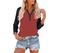 3/4 Sleeve T-Shirts for Women UK Elegant Button Henley V Neck Raglan Shirts Three Quarter Sleeve Casual Color Block Summer Plain Work Office Tunic Tops Basic Outfits 2026 Ladies Blouses