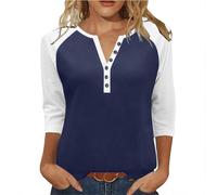 3/4 Sleeve T-Shirts for Women UK Elegant Button Henley V Neck Raglan Shirts Three Quarter Sleeve Casual Color Block Summer Plain Work Office Tunic Tops Basic Outfits 2026 Ladies Blouses