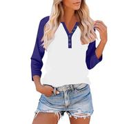 3/4 Sleeve T-Shirts for Women UK Elegant Button Henley V Neck Raglan Shirts Three Quarter Sleeve Casual Color Block Summer Plain Work Office Tunic Tops Basic Outfits 2026 Ladies Blouses