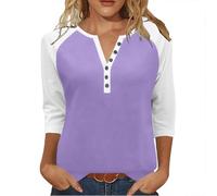 3/4 Sleeve T-Shirts for Women UK Elegant Button Henley V Neck Raglan Shirts Three Quarter Sleeve Casual Color Block Summer Plain Work Office Tunic Tops Basic Outfits 2026 Ladies Blouses