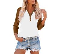 3/4 Sleeve T-Shirts for Women UK Elegant Button Henley V Neck Raglan Shirts Three Quarter Sleeve Casual Color Block Summer Plain Work Office Tunic Tops Basic Outfits 2026 Ladies Blouses