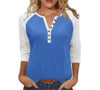 3/4 Sleeve T-Shirts for Women UK Elegant Button Henley V Neck Raglan Shirts Three Quarter Sleeve Casual Color Block Summer Plain Work Office Tunic Tops Basic Outfits 2026 Ladies Blouses